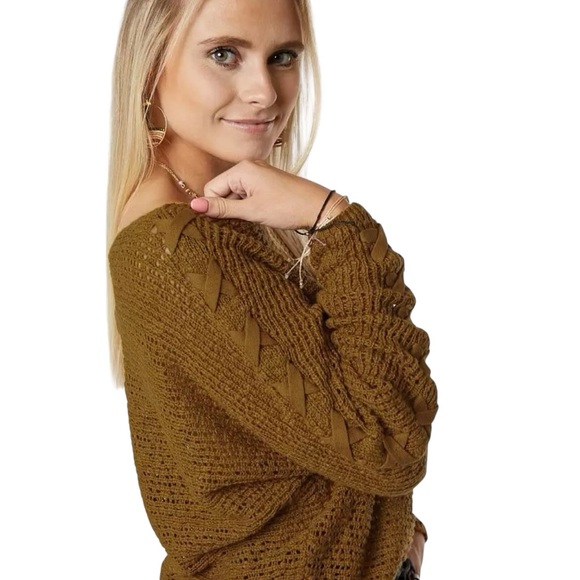 Billabong Chill Out Sweater Beeswax Mustard Brown Size M Relaxed Open Knit Crop - Picture 1 of 10